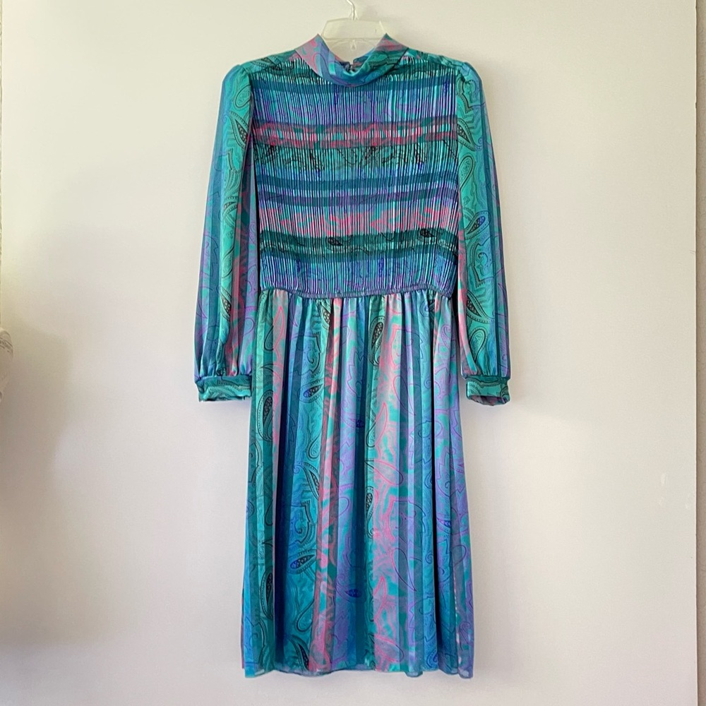 Vintage Mavinette Pinch Pleat Front Dress Size 12 Jewel Tone Multicolors